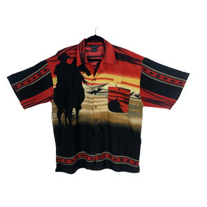 OSCAR MISA Mens Size Large Button-up Shirt Cowboy Sunset Print Rodeo Western